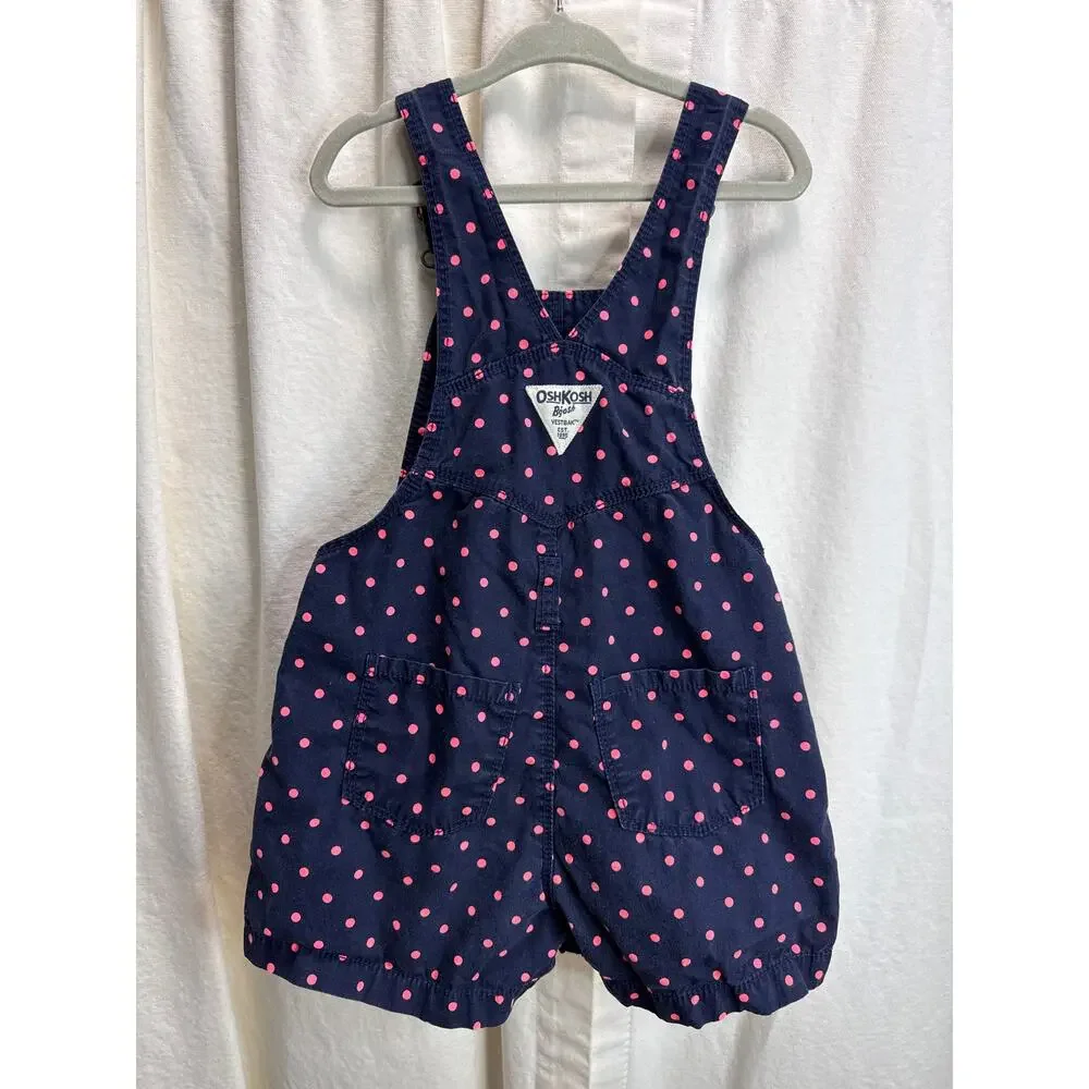 OshKosh B'Gosh Blue & Pink Polka Dot Bib Shorts Shortalls Vestbak Girls Size 4T